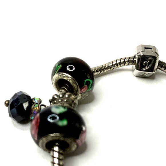 925 Silver 7” Bracelet 2 Glass Beads Dangling Charm & Ball Clasp - Picture 8 of 8